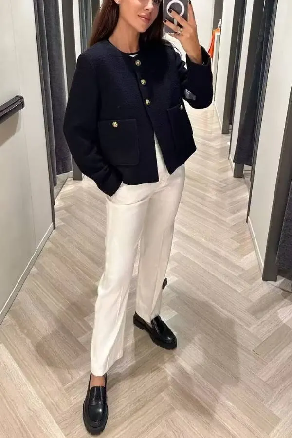 Round Neck Slim Fit Colorblock Women's Button Jacket