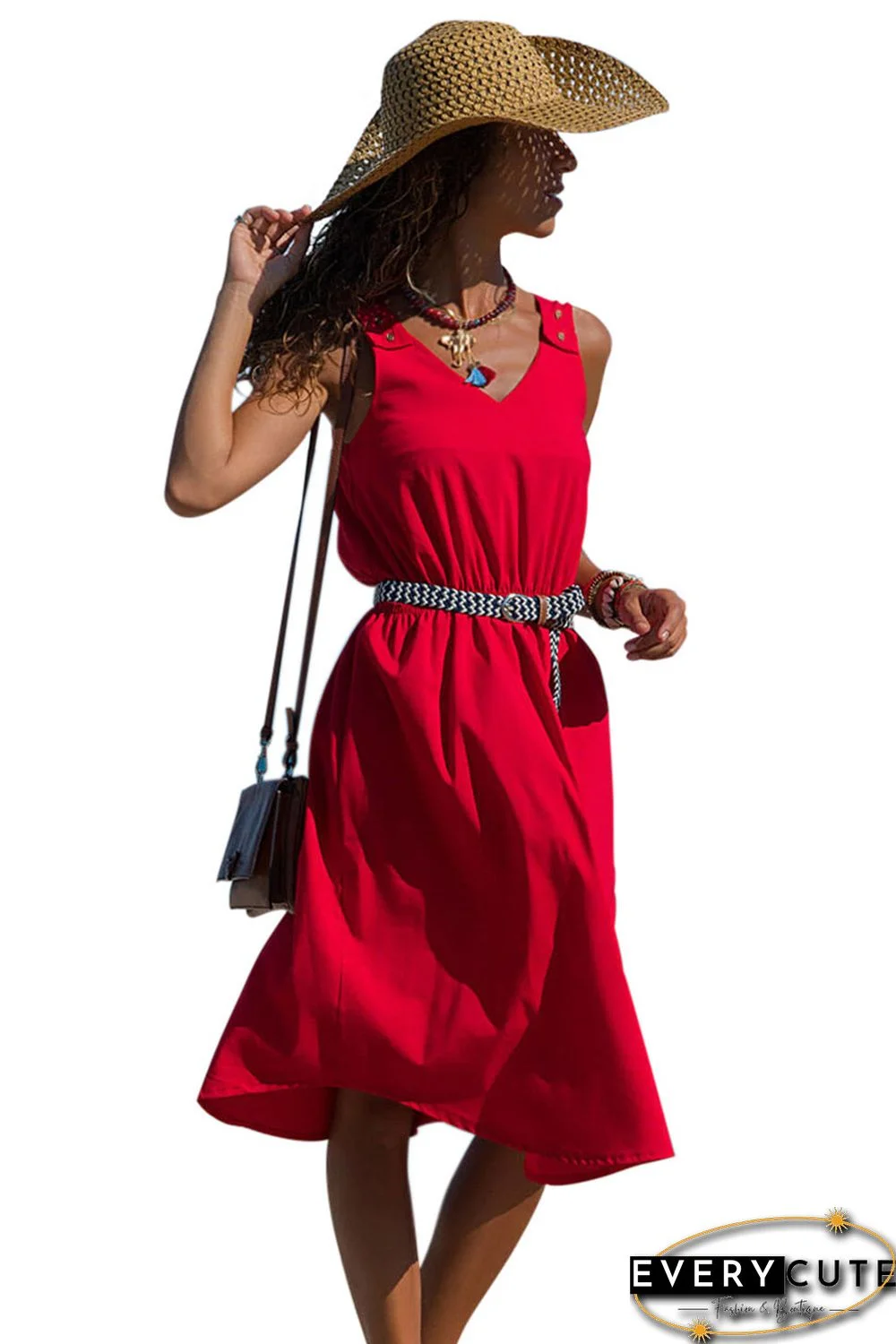 Red V Neck A-line Sundress