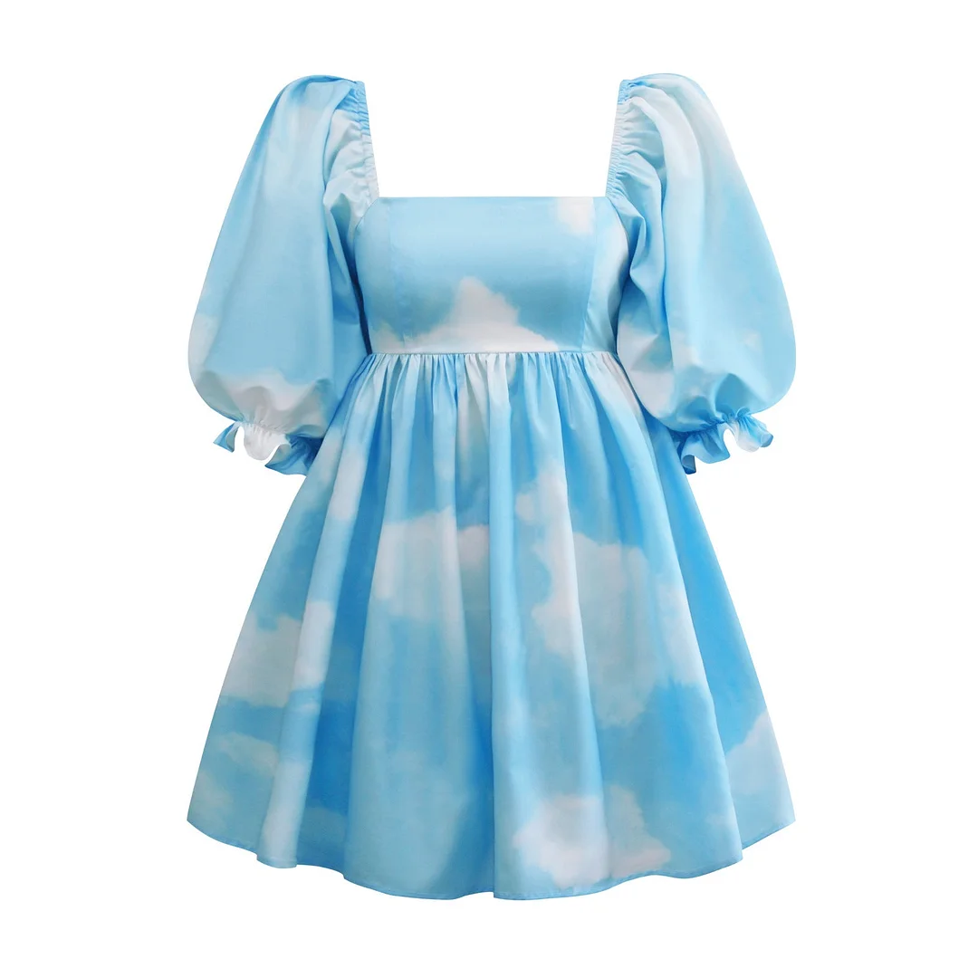 Brownm Printed Square Collar Lantern Short High Waist Sleeve Women's Backless Puffy Dress