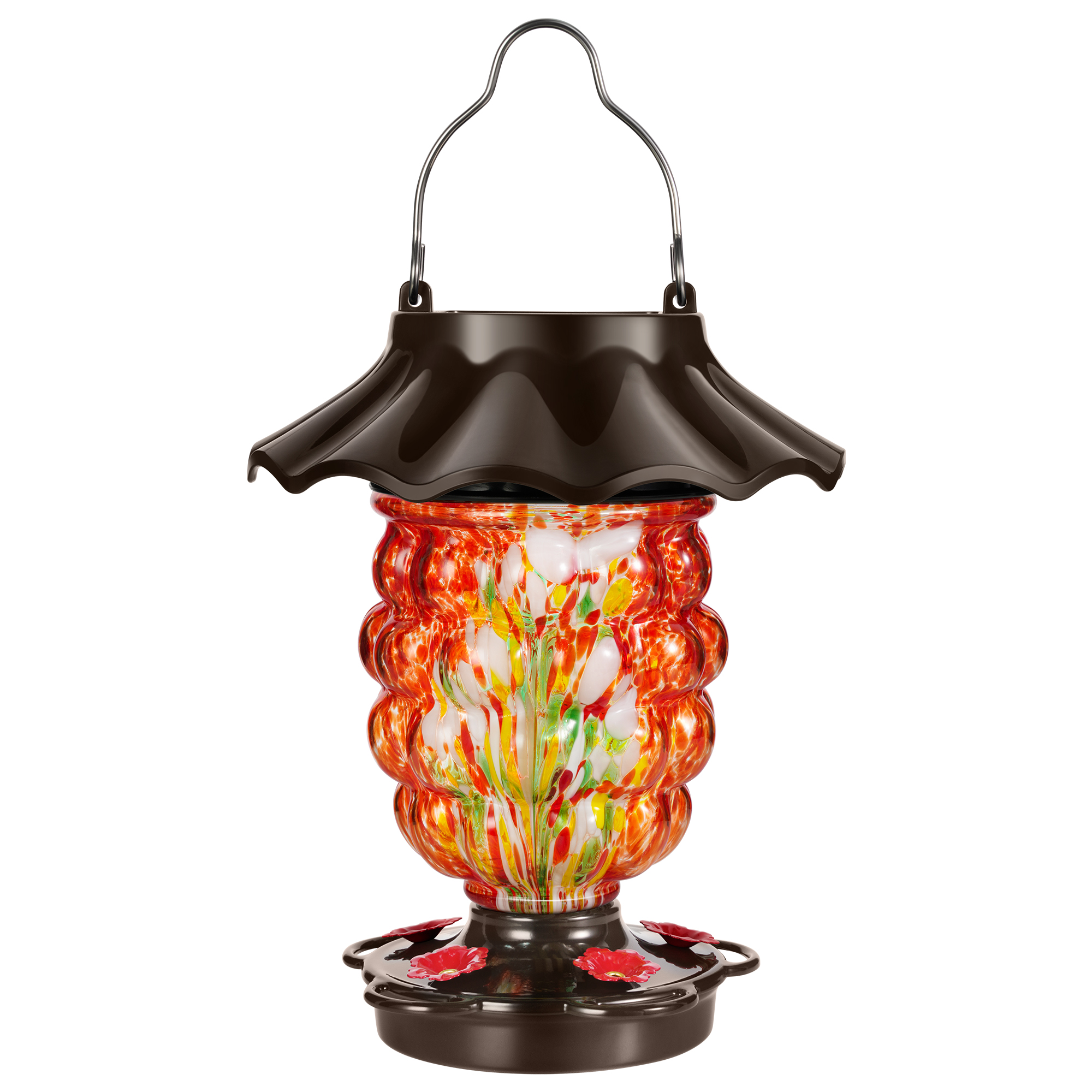LUJOIN Solar Hummingbird Feeder for Outdoors Hanging, Lighted Hand Blown Glass with 9 Modes RGB Lights, 35 fl.oz, Leak Proof & Rustproof, Metal Cover with 5 Feeding Ports, Pineapple Shaped, Red