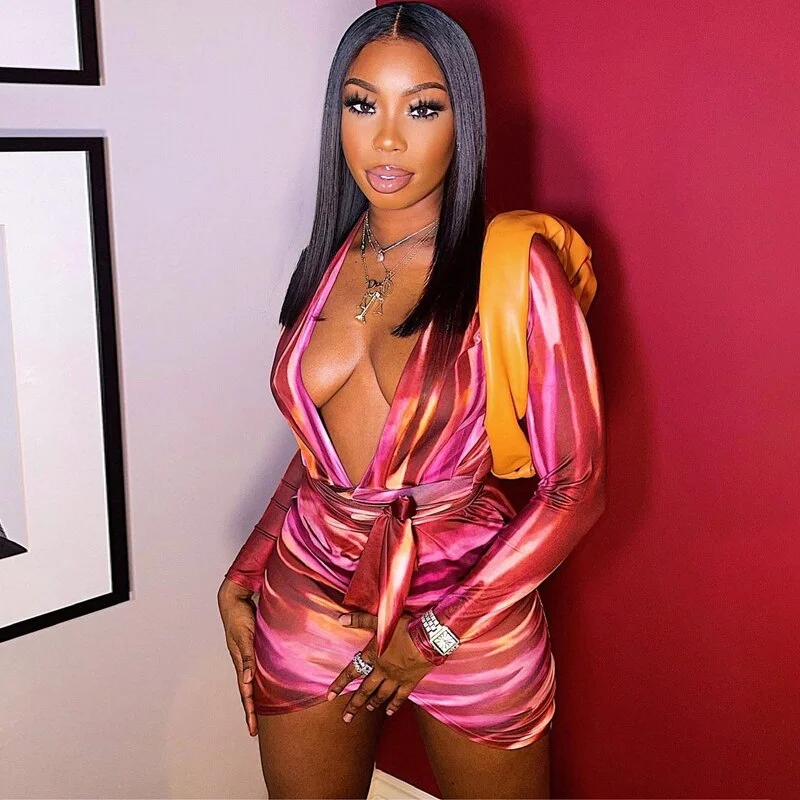 Hugcitar 2021 Summer Tie Dye Print Long Sleeves Revealing Bodycon Bandage Mini Dress Women Fashion Outfits Sexy Club Y2K