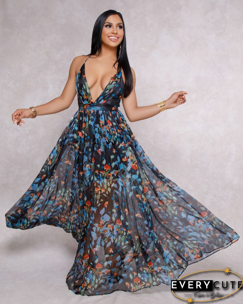 Popular European and American Deep V-neck Open Back Chiffon Dress