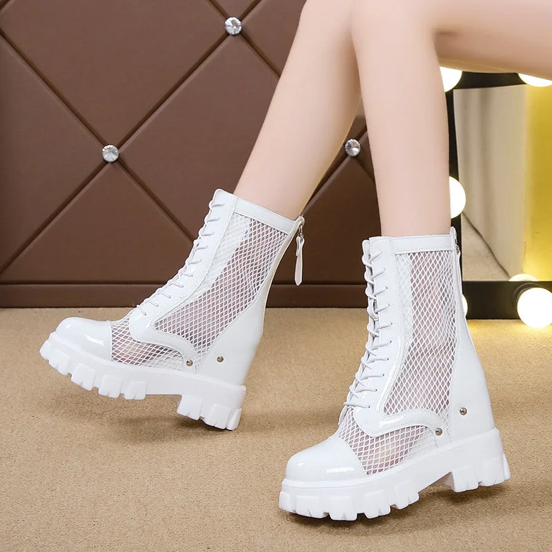 Chunky Platform Ankle Boots For Women Breathable Mesh Summer Shoes Woman Thick Sole Height Increasing Short Botas Mujer