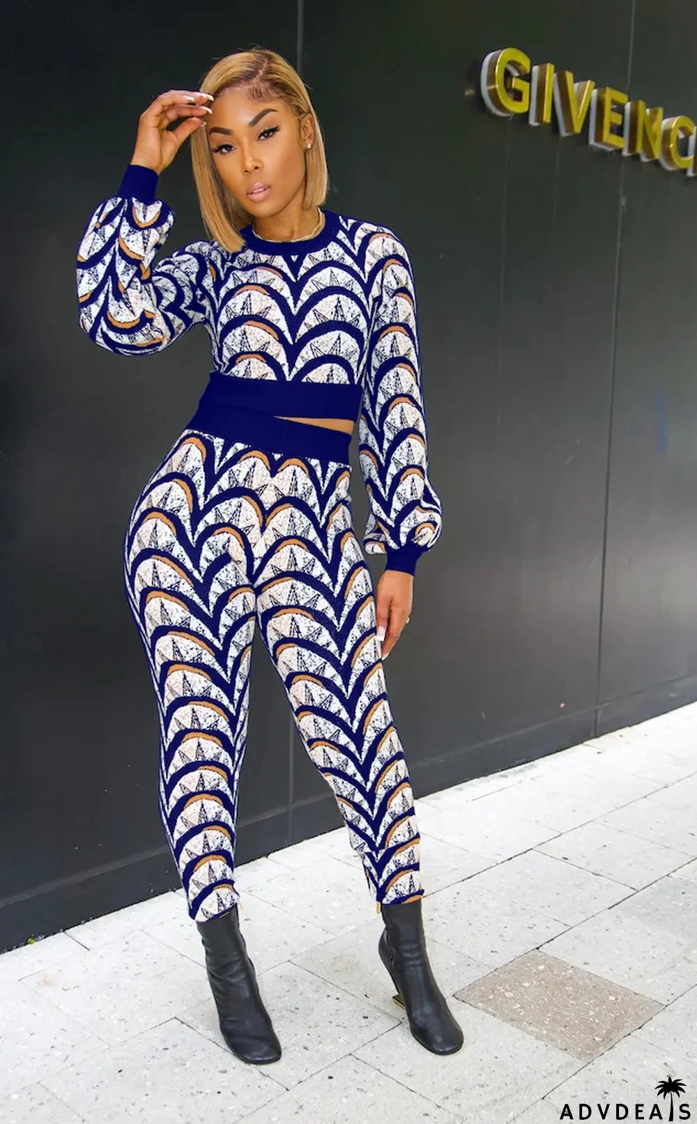 Fashion Casual Long-sleeved Long Pants Clash Color Printing Two-piece Suit