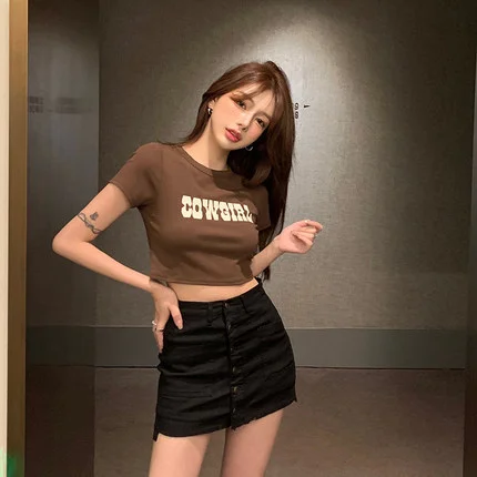 Uveng Uveng Hot Girls Short-Sleeved T-Shirt Women 2024 Summer Slim Slim High Waist Crop Short Top Ins Tide