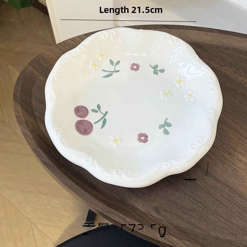 Embossed Fruit Air Cake Plate Household Ceramic Tableware Rice Bowl Disc Deep Plate Cream Color Cute High Face