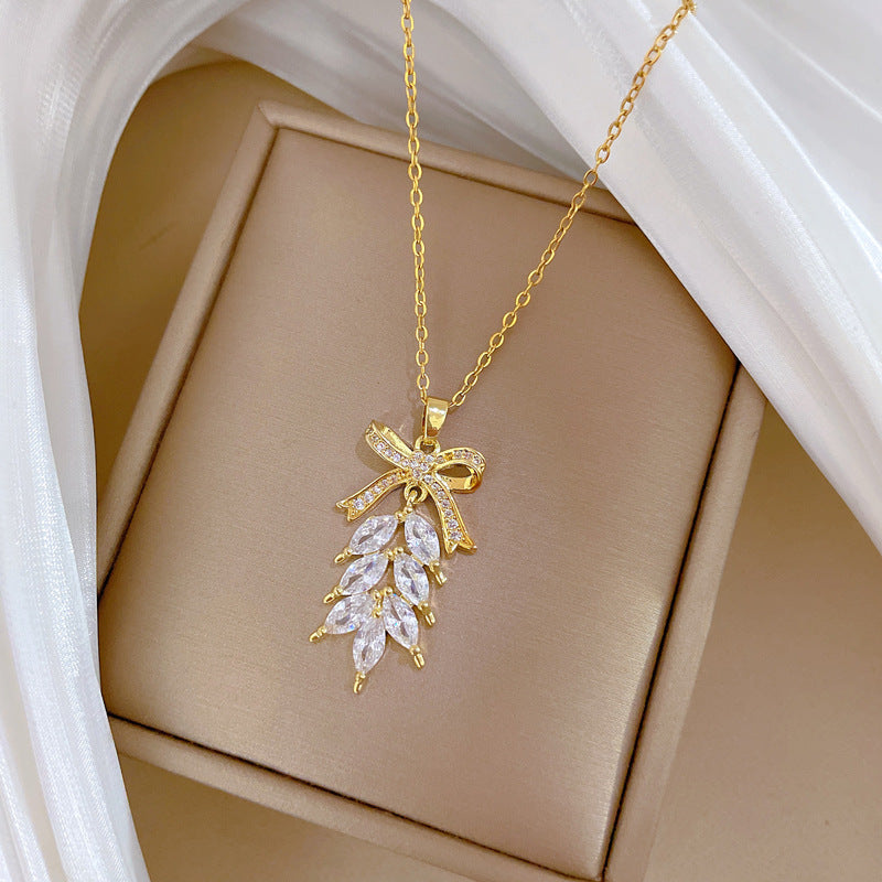 Tassel Bowknot Full Diamond Gorgeous Full Diamond Necklace Women’S Versatile Clavicle Chain Titanium Steel