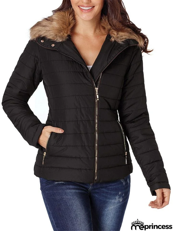 Casual Simple Style Imitation Fur Collar Zipper Thermal Coat For Women