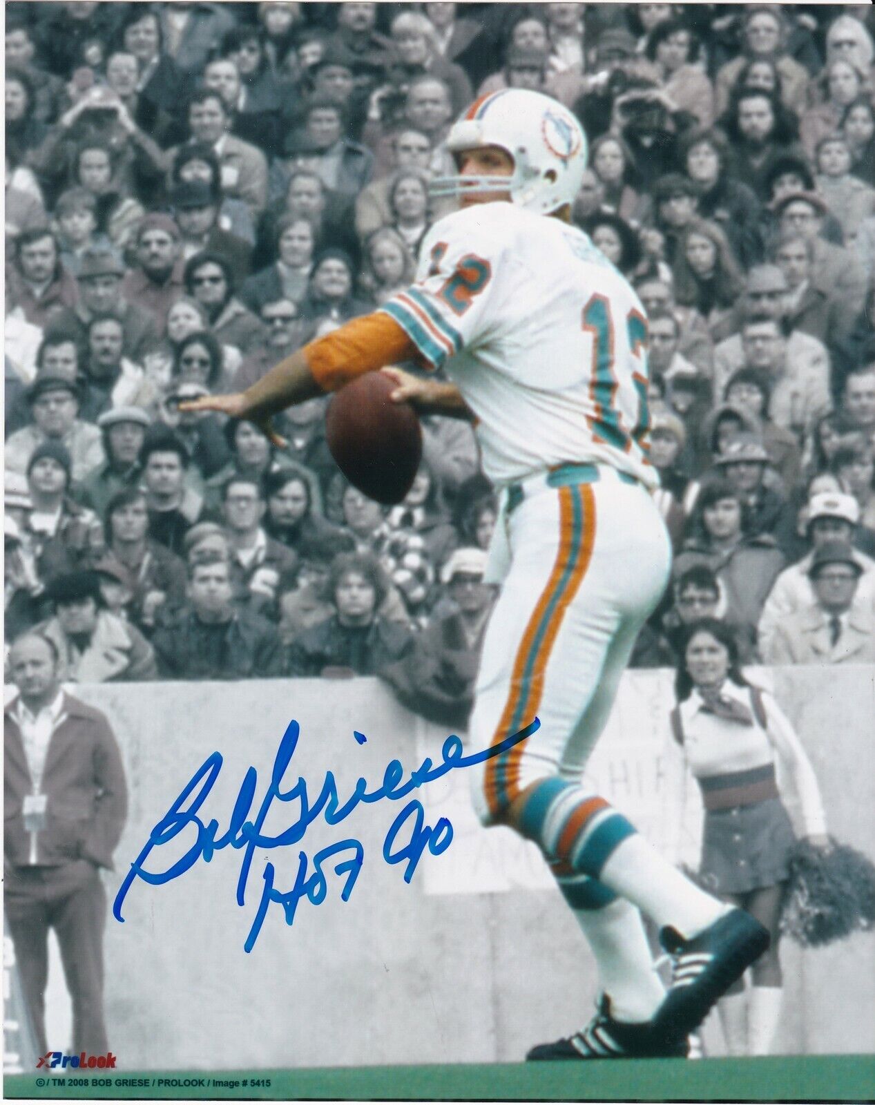 BOB GRIESE MIAMI DOLPHINS HOF 90 ACTION SIGNED 8x10