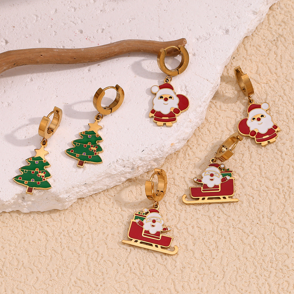 Cute Cartoon Niche Santa Claus Oil Drop Earrings Stainless Steel 18K Gold Plated Sleigh Christmas Tree Earrings