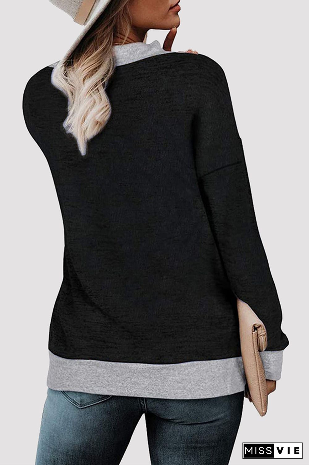 Casual Patchwork Basic Contrast V Neck Tops