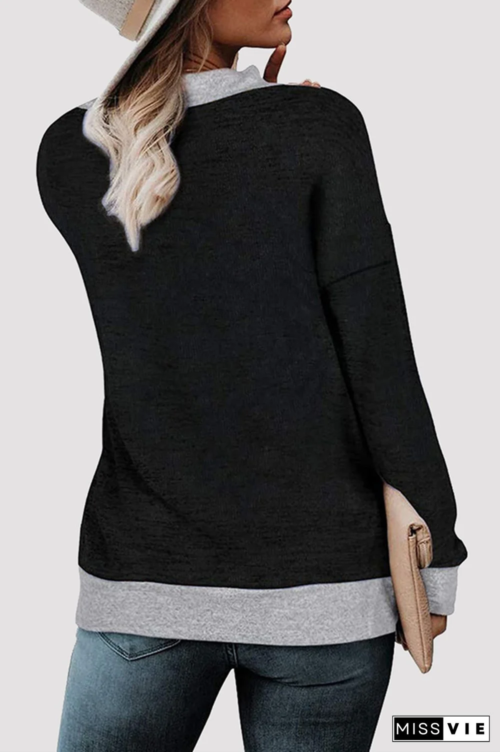 Casual Patchwork Basic Contrast V Neck Tops