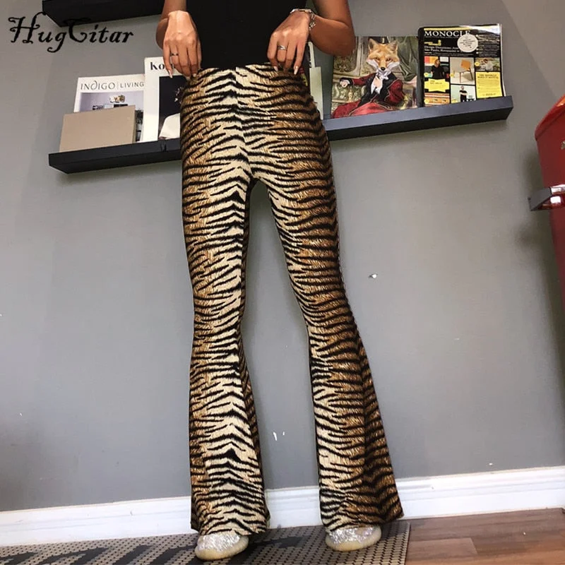 Hugcitar High Waist Leopard Print Flare Leggings 2021 Autumn Winter Women Fashion Sexy Bodycon Trousers Club Pants