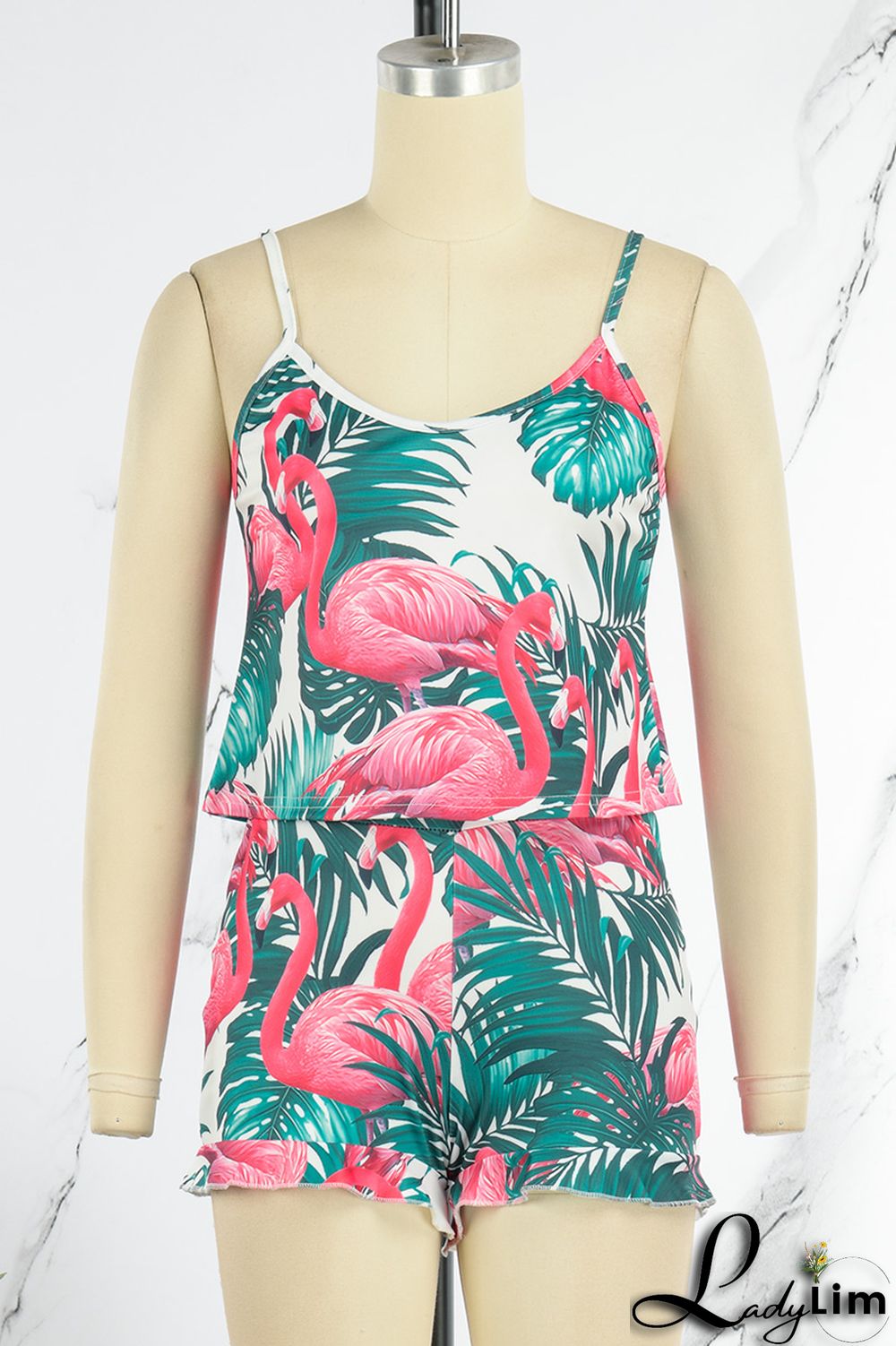 Light Blue Sexy Casual Print Backless Spaghetti Strap Two Pieces