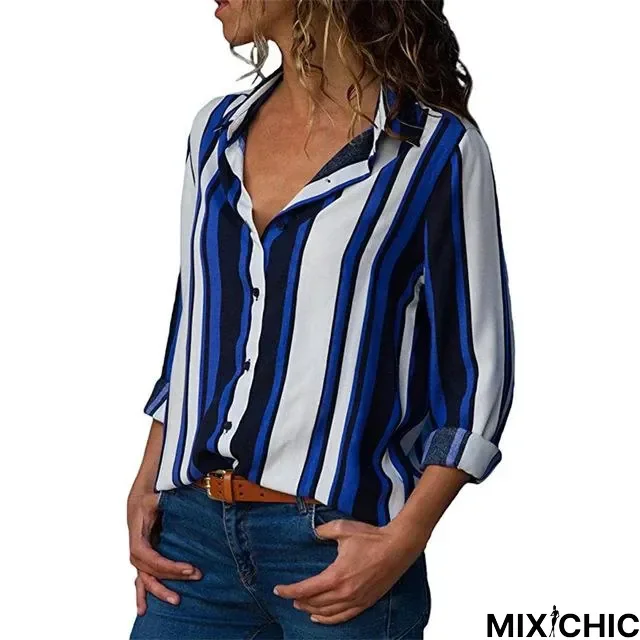 Women Color Block Striped Shirt Elegant Casual Long Sleeve Blouse