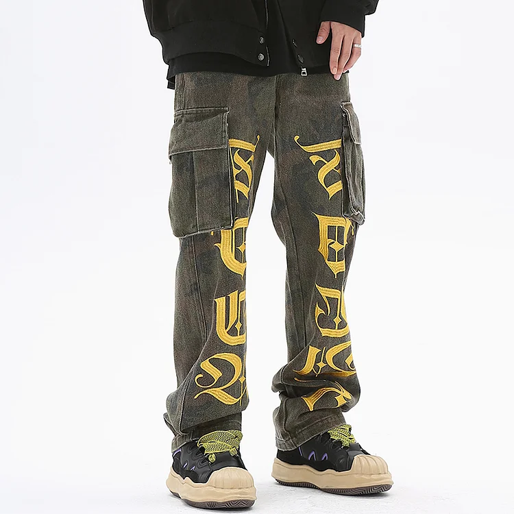 Letter Embroidery Camouflage Green Men's Baggy Cargo Jeans at Hiphopee