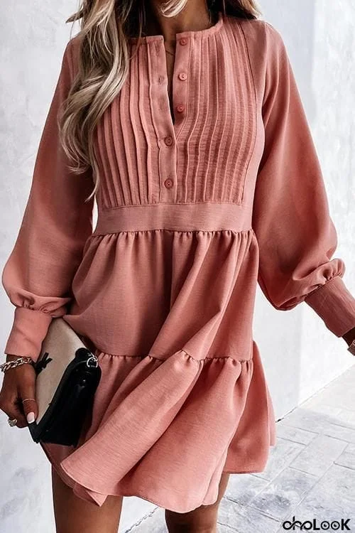 Button Layered Long Sleeve Mini Dress