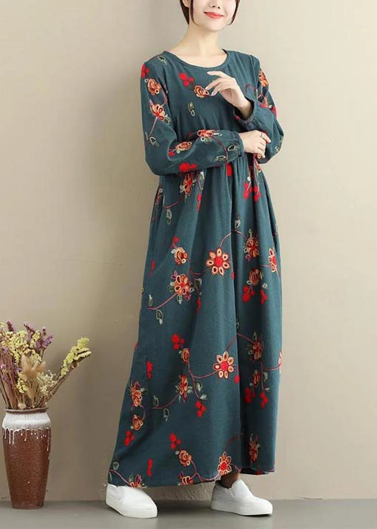 DIY O Neck Clothes Fabrics Blackish Green Embroidery Loose Dress
