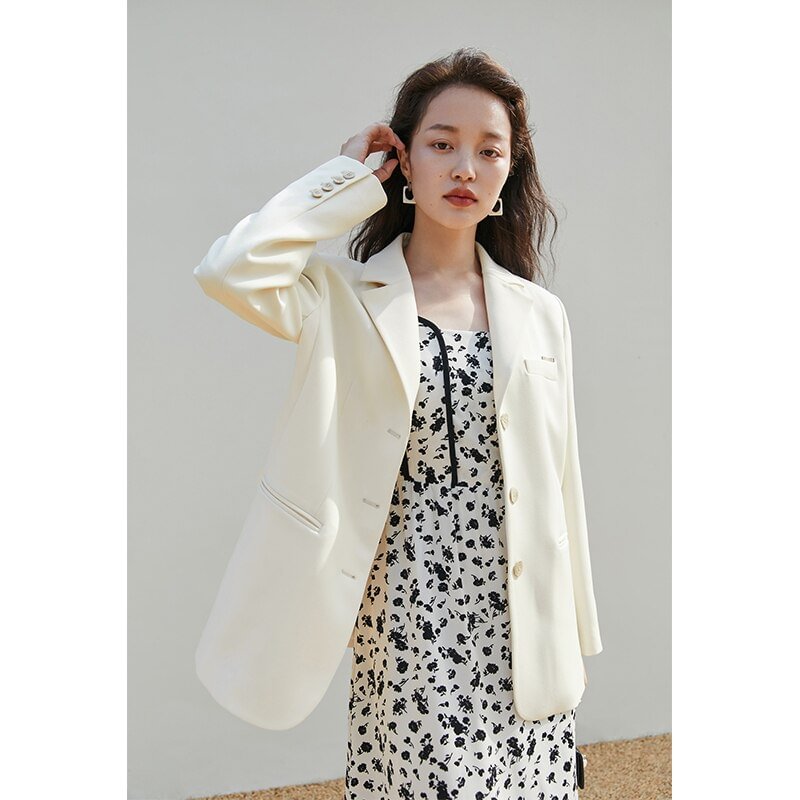 FSLE Notched Collar Full Regular Sleeve Blazers Loose Casual Midweight Single Breasted Office Lady Solid Straight Coats