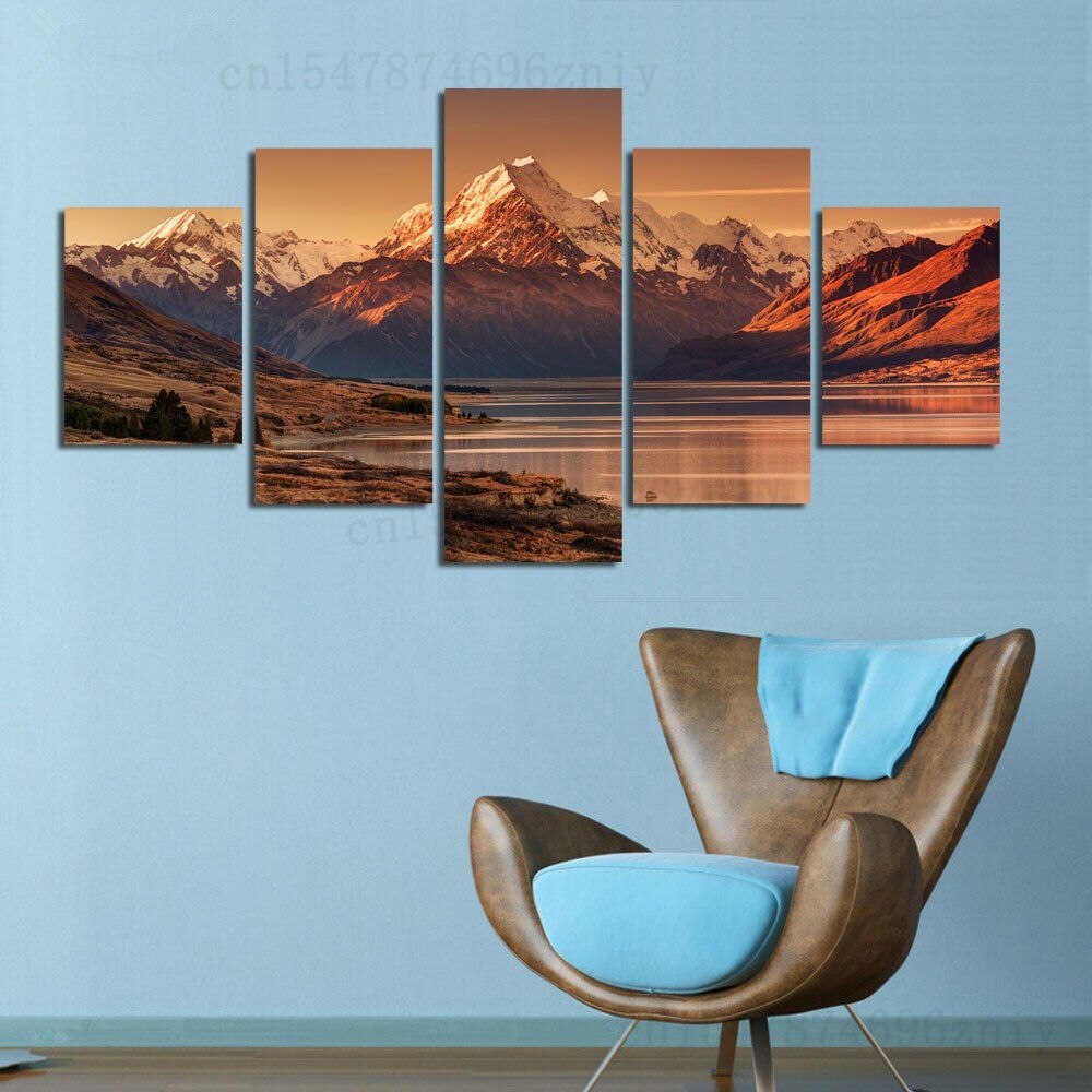 5 Pieces Canyon Lake Snow Mountain Island Canvas Print Wall Art Poster Pictures HD Print Paintings Home Decor Room Decor 5 Panel