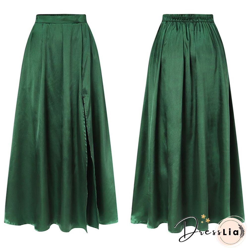Women Elastic High Waist Split Hem Long Skirt Stain Solid Color Pleated Loose Party Beach Umbrella Skirt Plus Size