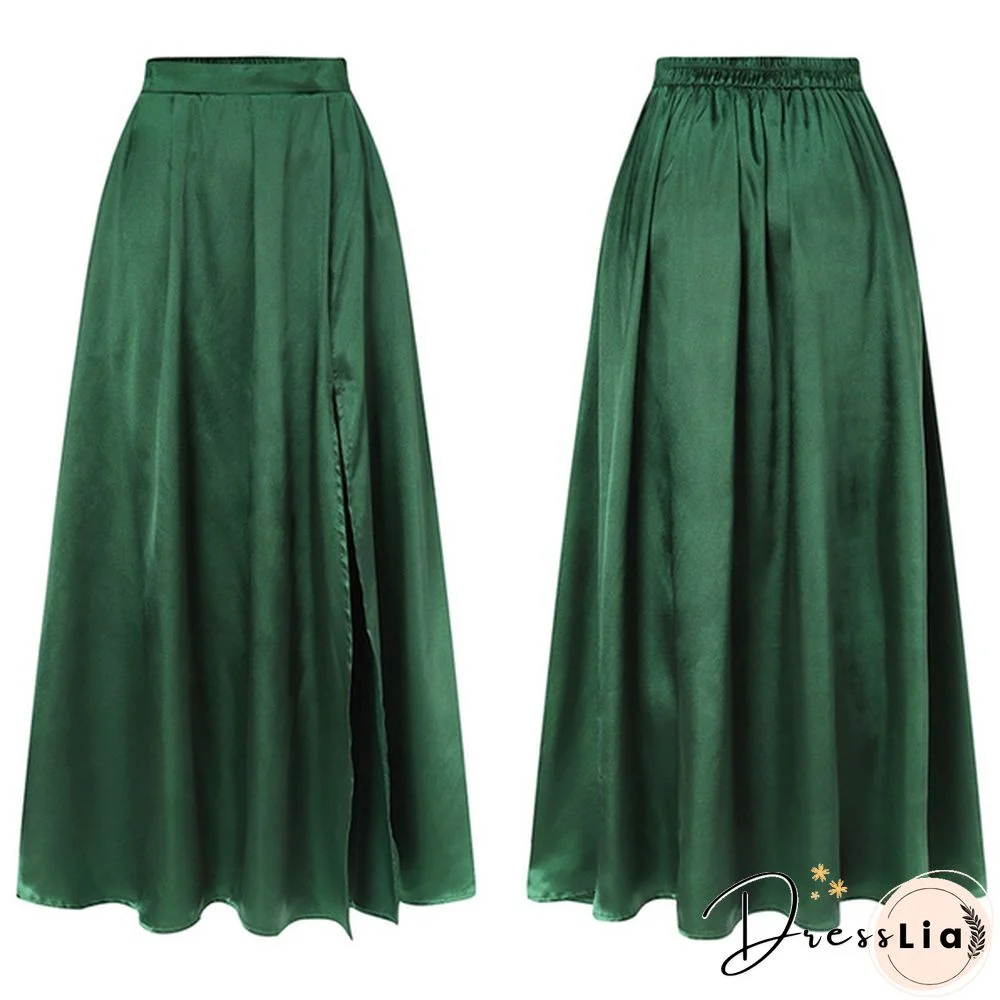 Women Elastic High Waist Split Hem Long Skirt Stain Solid Color Pleated Loose Party Beach Umbrella Skirt Plus Size