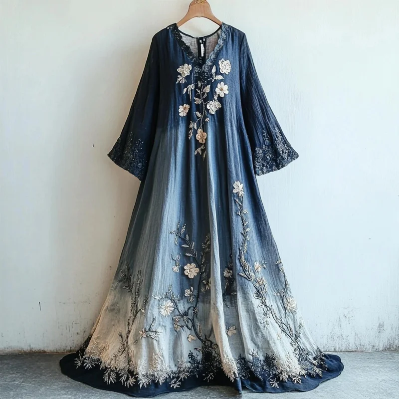 Vintage Lace Floral Embroidered Gradient Linen Maxi Dress