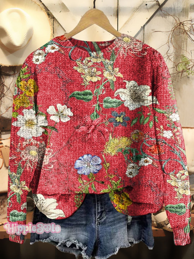 Vintage Floral Print Knit Pullover Sweater Multicolor / S
