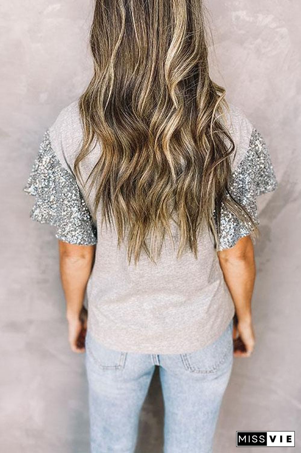 Short Sleeve Sequin Round Neck T-Shirt Top