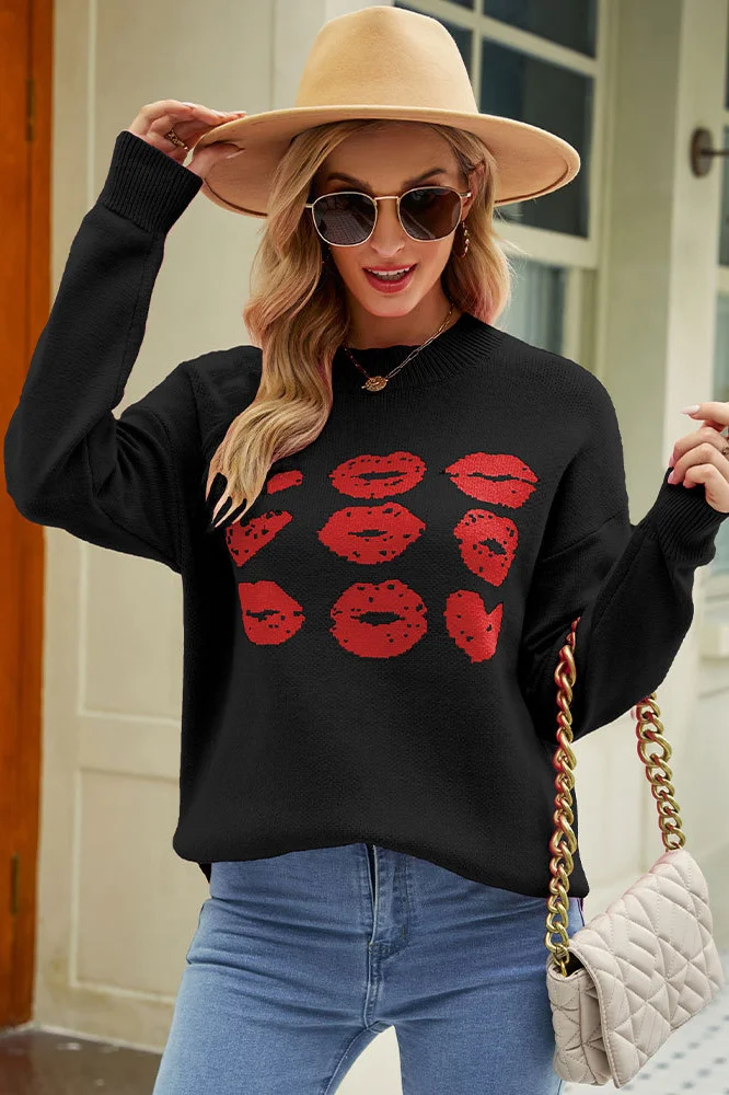 Knit Lips Print Sweater Top