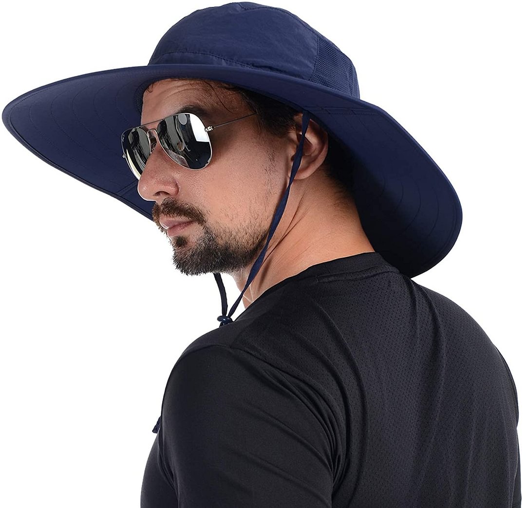 Foldable Super Wide Brim Fishing Hat Bucket Safari Hat, UPF 50+ Sun Hat (Navy Blue)