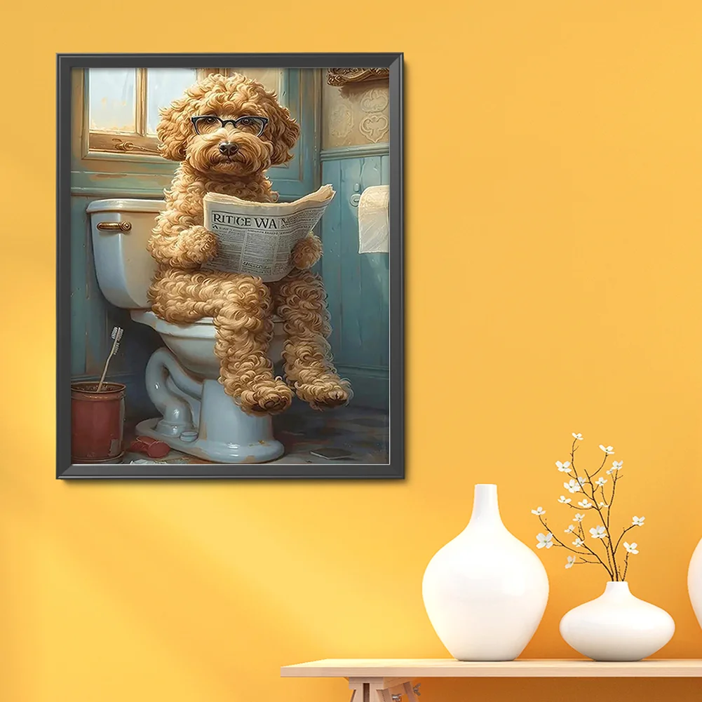 11CT Full Stamped Cross Stitch - Puppy Reading Newspaper In Toilet (40*50cm)