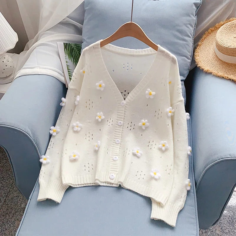 White flowers sweater jacket hollow knit sweater small yellow flower cardigan women's thick 2021
