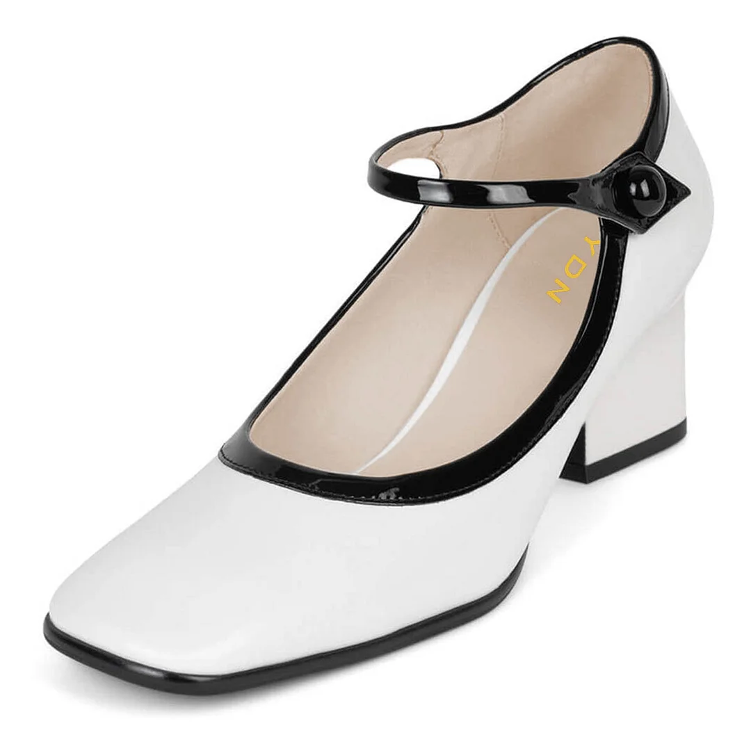 YDN White Elegant Square Toe Chunky Heel Mary Jane Pumps