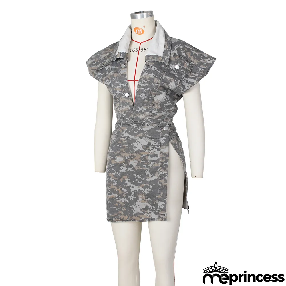 Sleeveless High-cut Camouflage Casual Skirts Set