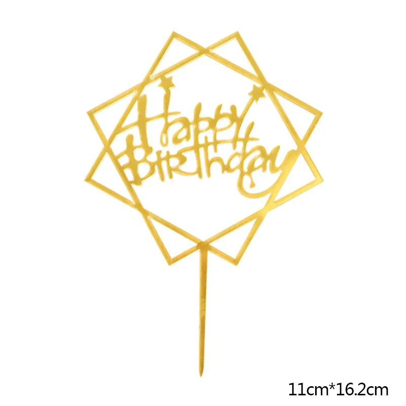 Happy Birthday Cake Topper Acrylic Gold Silver Cake Flag Cupcake Topper For Boy Girl Birthday Party Decorations Wedding Supplies