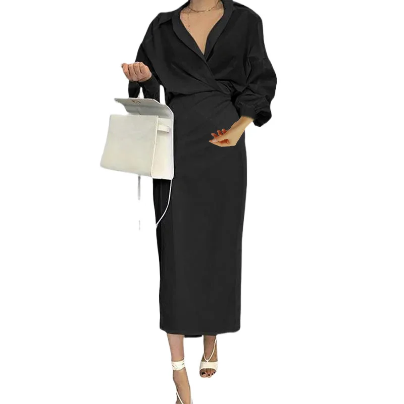 Brownm Brownm 2024 New Women's Wear Temperament Elegant Solid Color Long Sleeve Lapel Slim Dress 661