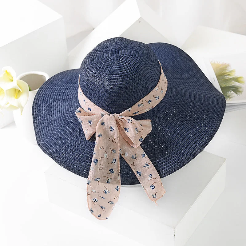 Women's Sun Hat Chiffon Streamer Large Brim Beach Straw Hat