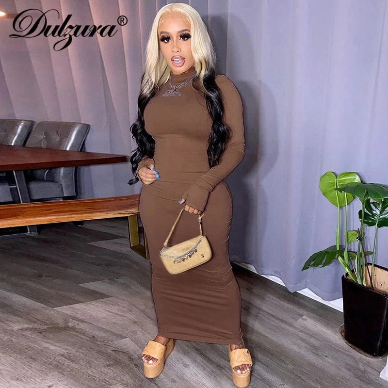 Dulzura Solid Women Midi Dress Long Sleeve Gloves Hollow Out Backless Bodycon Sexy Party Elegant Streetwear Autumn Winter 2020