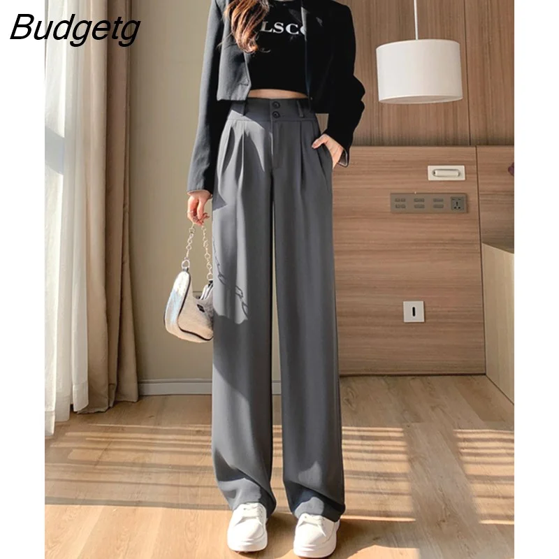 Budgetg Korean Fashion Wide-leg Pants for Women Fall 2022 New High-waisted Draped Trousers Female Casual Loose Straight Suit Pants