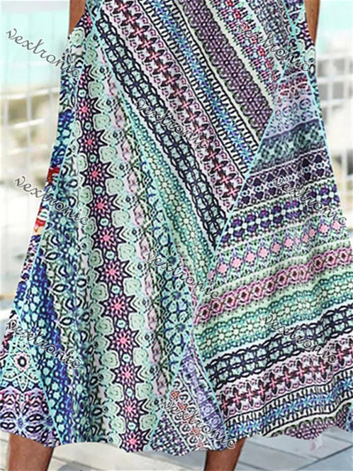 Women Short Sleeve Scoop Neck Floral Printed Stitching Maxi Dress