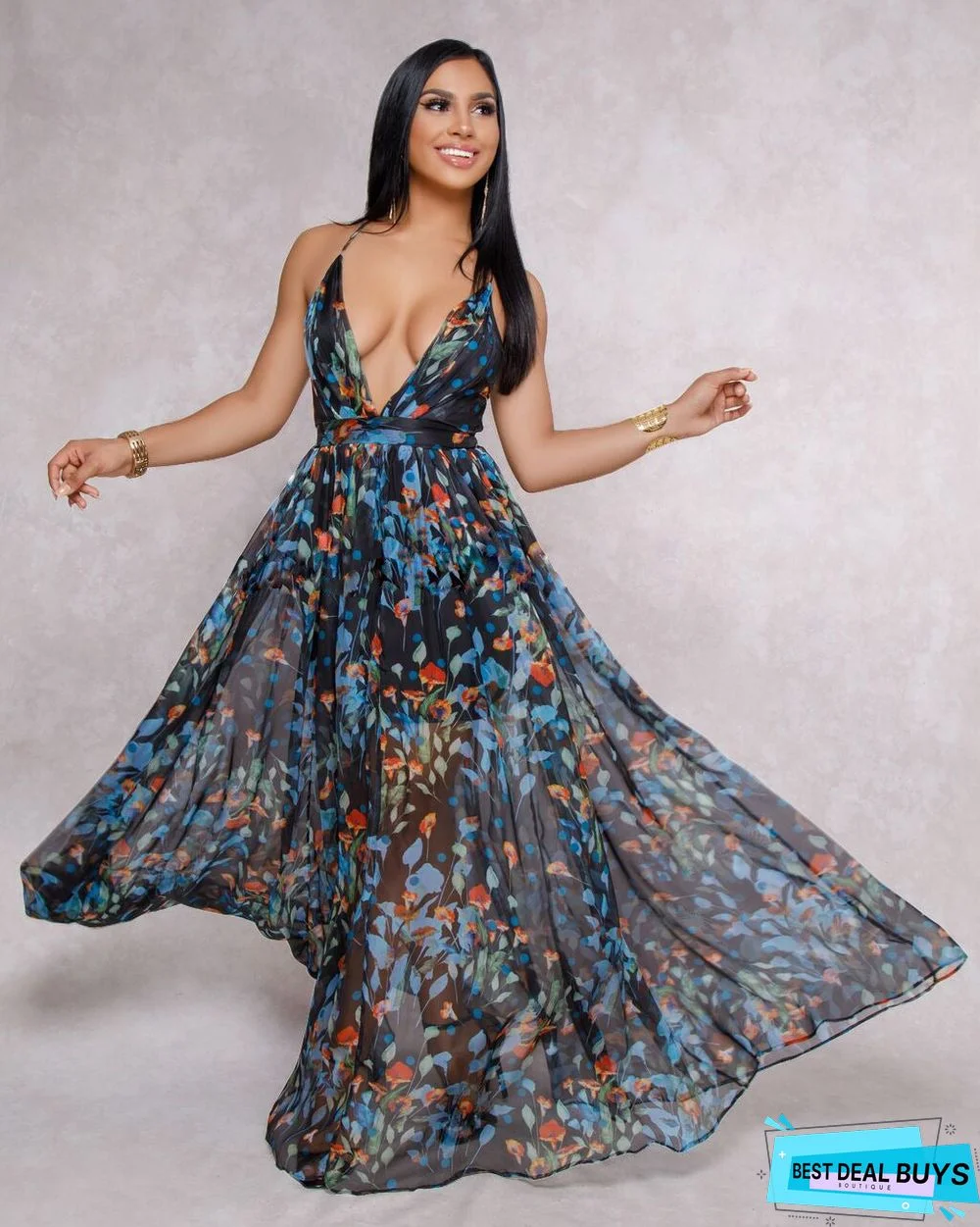 Popular European and American Deep V-Neck Open Back Chiffon Dress