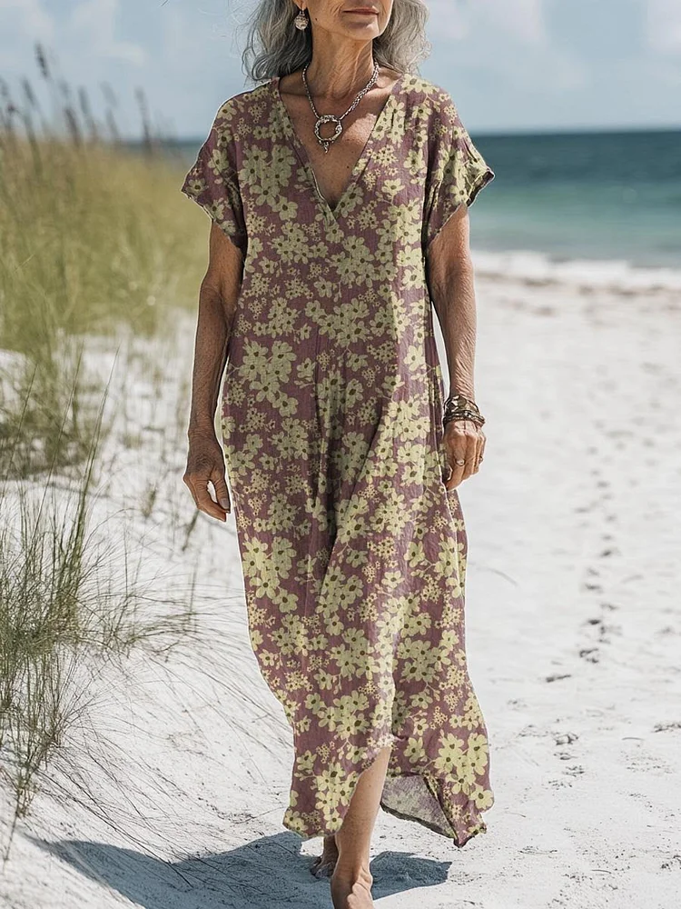 Women's Vintage Lovely Floral Art Print Pocket Cotton Dress