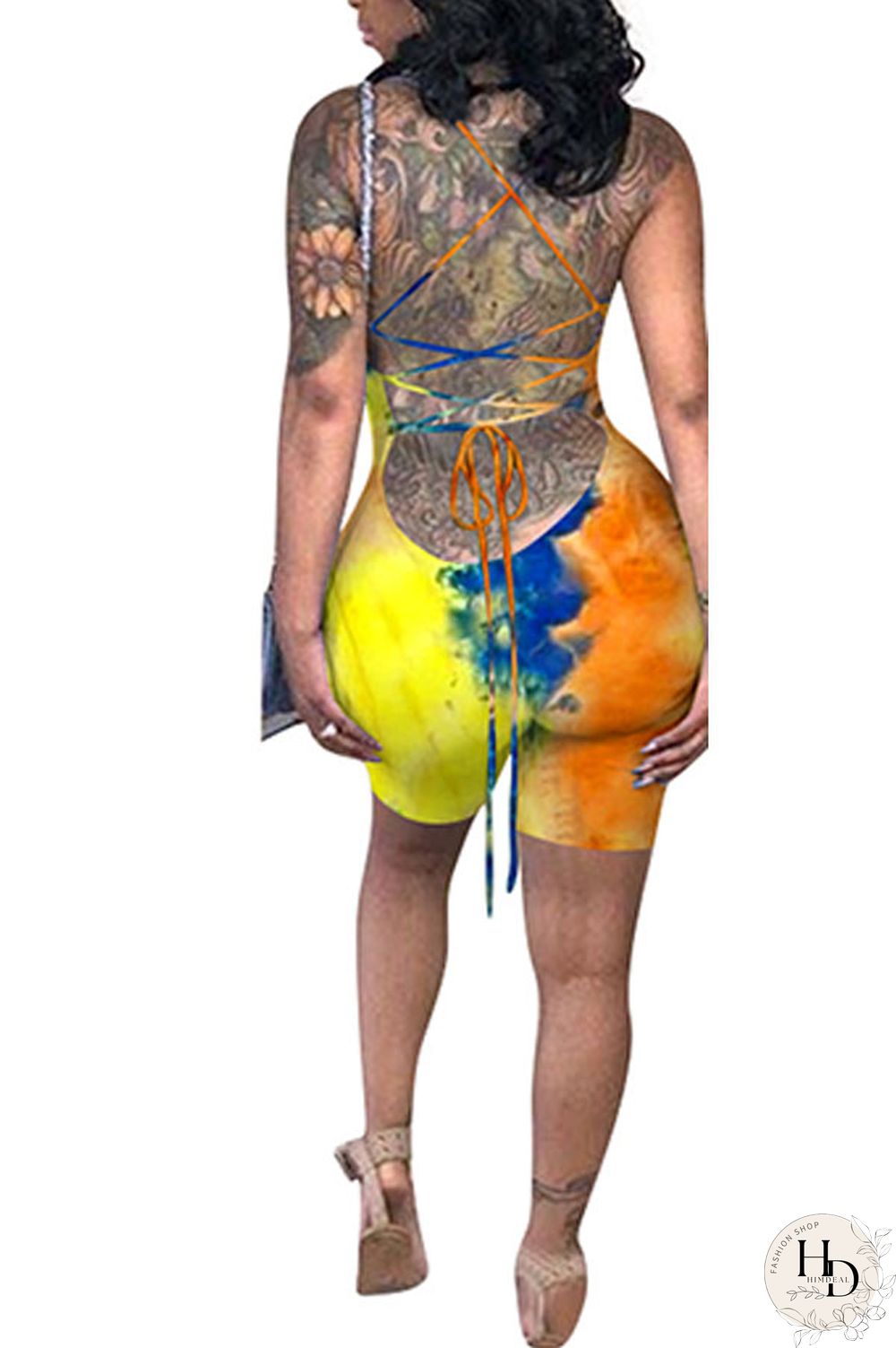 Green Fashion Sexy Coloured drawing Backless Polyester Sleeveless Slip Jumpsuits