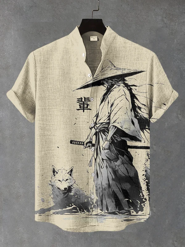 Men's Samurai And Wolfhound Ink Art Print Short Sleeve Shirt
