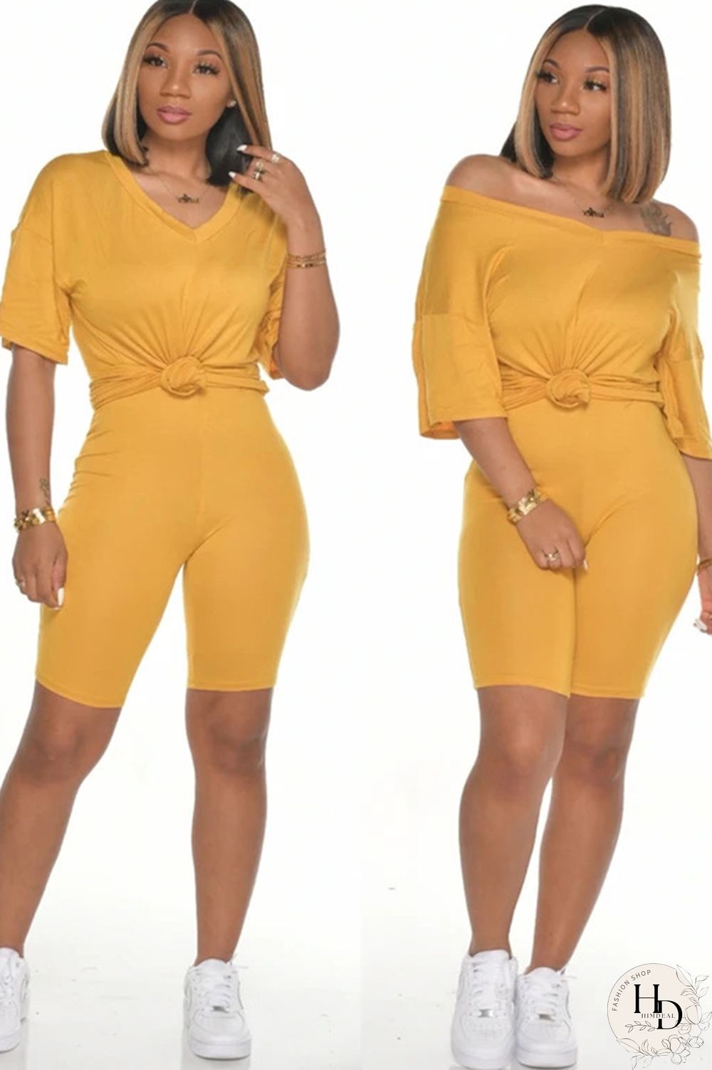 Yellow knit Casual Patchwork Two Piece Suits Solid pencil Short Sleeve