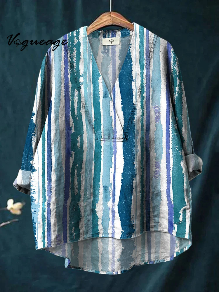 Fashionable And Simple Vertical Stripes Stitching Printed Cotton And Linen Women Shirt