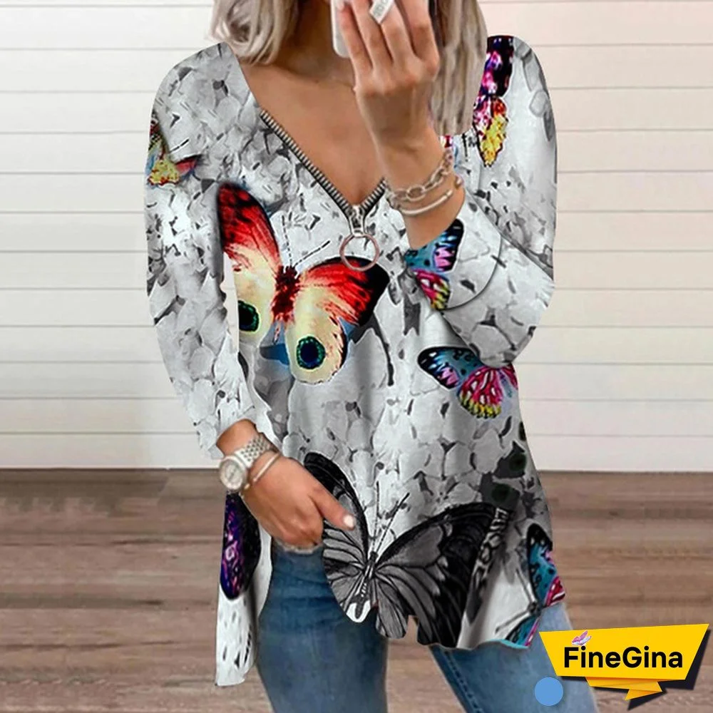 Spring and Early Autumn New Fashion Women's Butterfly Printed Casual Plus Size Long Sleeve Zipper V-neck Top Loose Soft and Comfortable Long Sleeve Bottoming Shirt XS-5XL