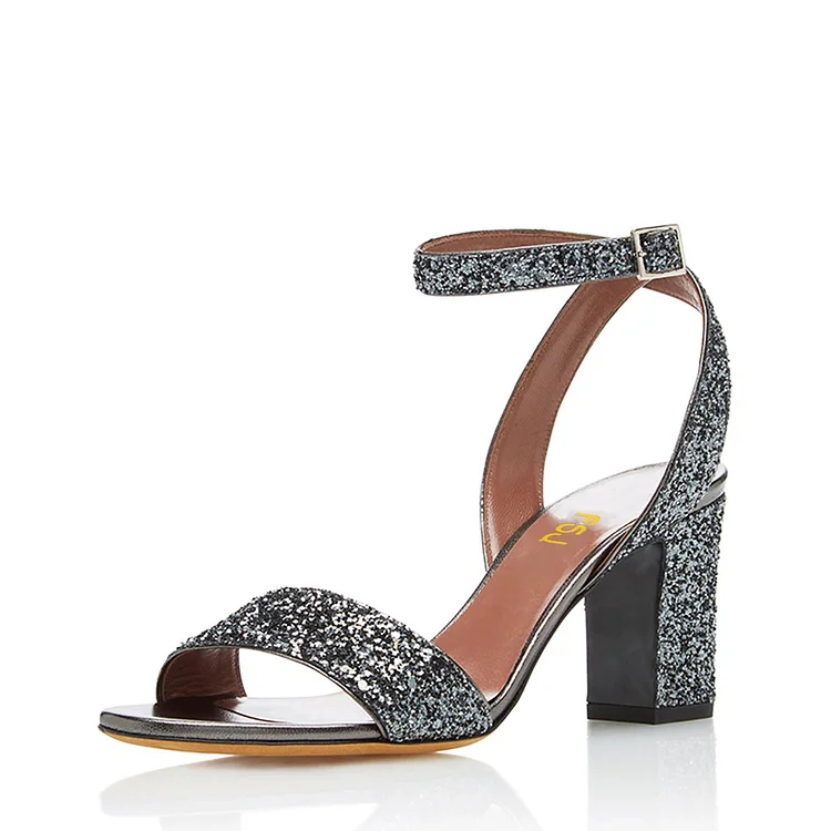 Grey Glitter Shoes Open Toe Ankle Strap Block Heel Sandals |FSJ Shoes