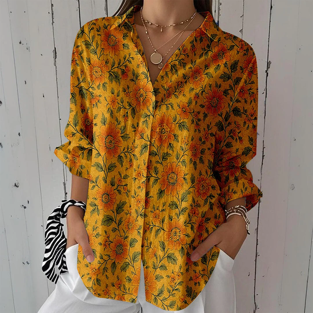 Style & Comfort for Mature Women Women Floral,Yellow DZCL0288 3/4 Sleeve Shirt Collar Printed Button Tops